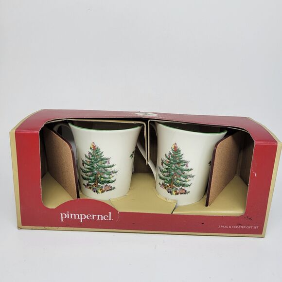 Spode Christmas Tree Pimpernel Set Of 2 Mugs And 2 Coasters Gift Set New In Box - Picture 11 of 14